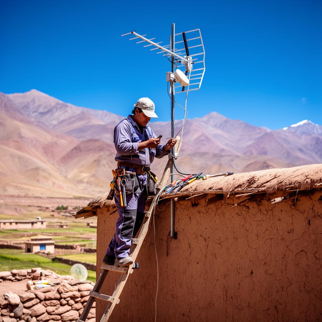 Técnico de Conecta Infanzón instalando antena en una vivienda de Huanca